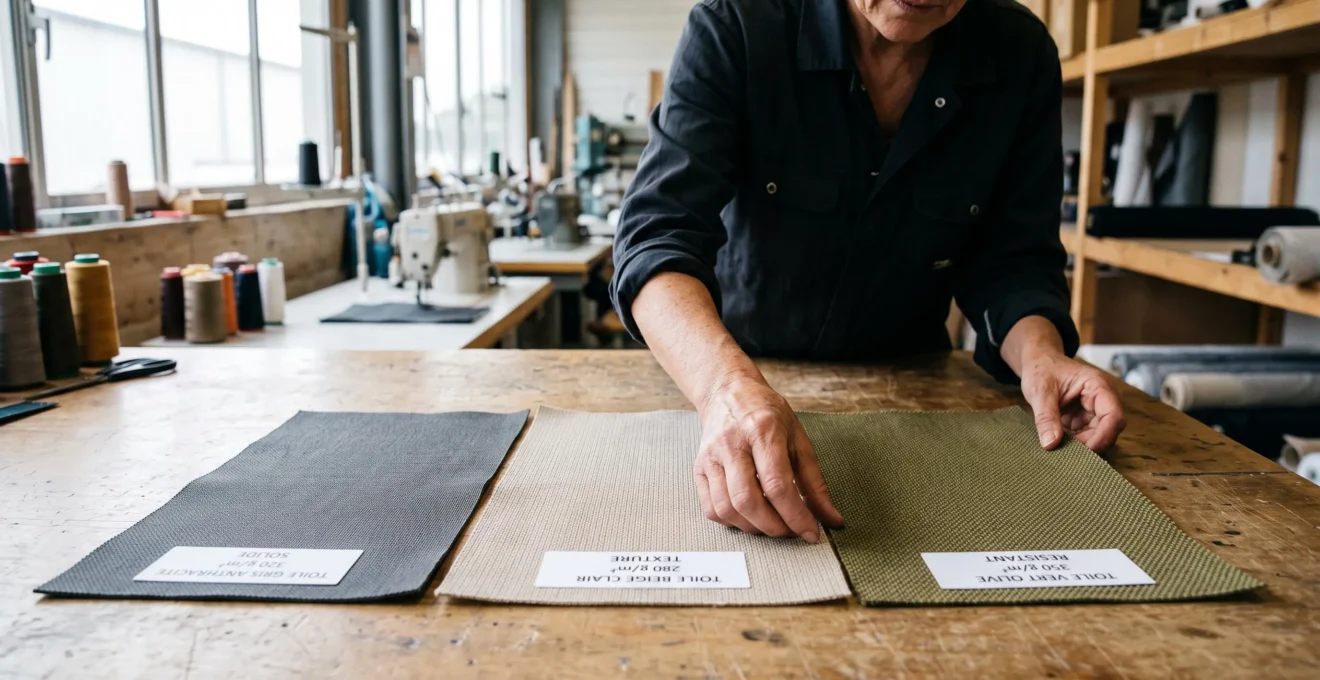 Mains d'un professionnel manipulant et comparant côte à côte trois échantillons de toile acrylique pour stores de grammages différents, texture du tissage visible, étiquettes techniques avec grammage en g/m² partiellement visibles, contexte atelier spécialisé