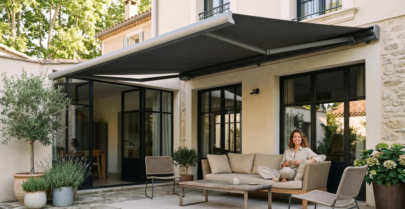Store banne à coffre intégral déployé au-dessus d'une terrasse résidentielle française moderne, toile tendue de qualité créant une zone d'ombre, armature aluminium avec finitions professionnelles visibles, mobilier de jardin contemporain en arrière-plan, lumière naturelle douce