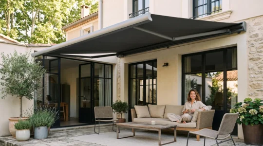 Store banne à coffre intégral déployé au-dessus d'une terrasse résidentielle française moderne, toile tendue de qualité créant une zone d'ombre, armature aluminium avec finitions professionnelles visibles, mobilier de jardin contemporain en arrière-plan, lumière naturelle douce