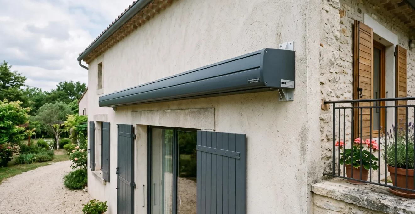 Store banne à coffre intégral en position repliée fixé sur façade de maison contemporaine française, caisson de protection aluminium fermé visible abritant toile et mécanisme, bras articulés escamotés, fixations murales robustes apparentes
