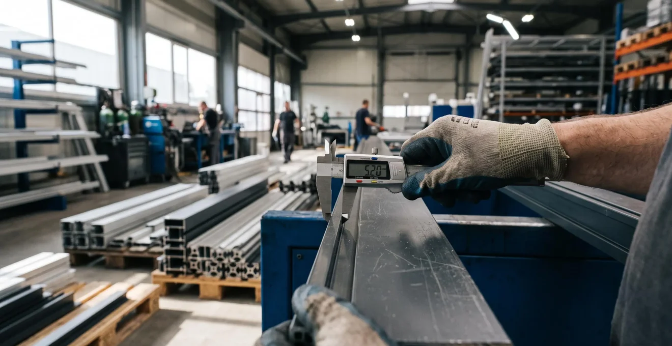 Contrôle qualité d'un profilé en aluminium avec un outil de mesure de précision dans un atelier de fabrication