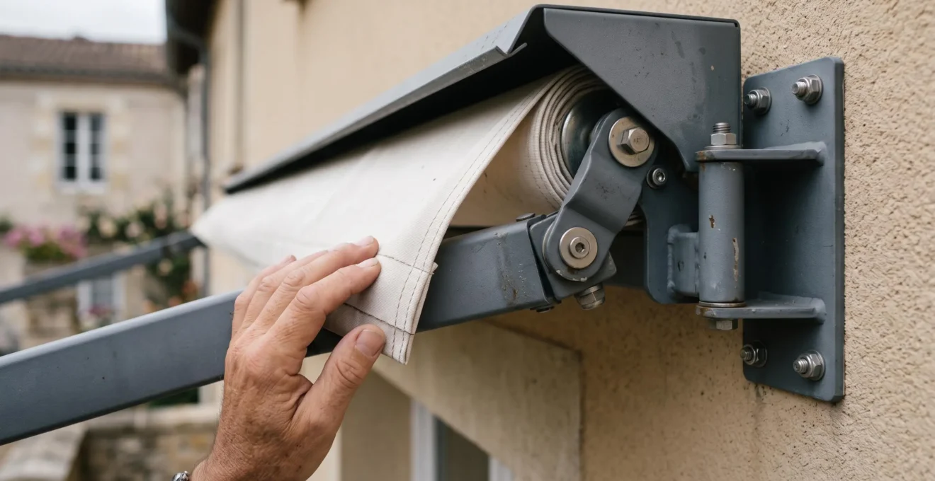 Gros plan sur le bras articulé et la fixation d'un store banne lors d'une inspection.