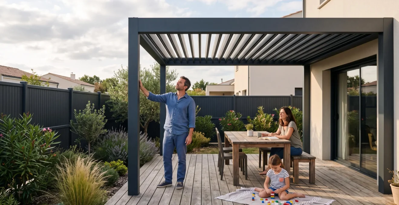 Famille profitant d'une terrasse aménagée avec pergola bioclimatique et clôture en aluminium gris anthracite dans un jardin résidentiel français
