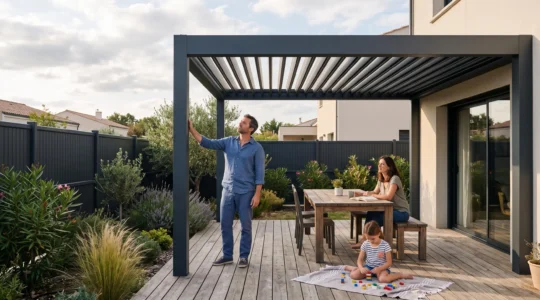 Famille profitant d'une terrasse aménagée avec pergola bioclimatique et clôture en aluminium gris anthracite dans un jardin résidentiel français
