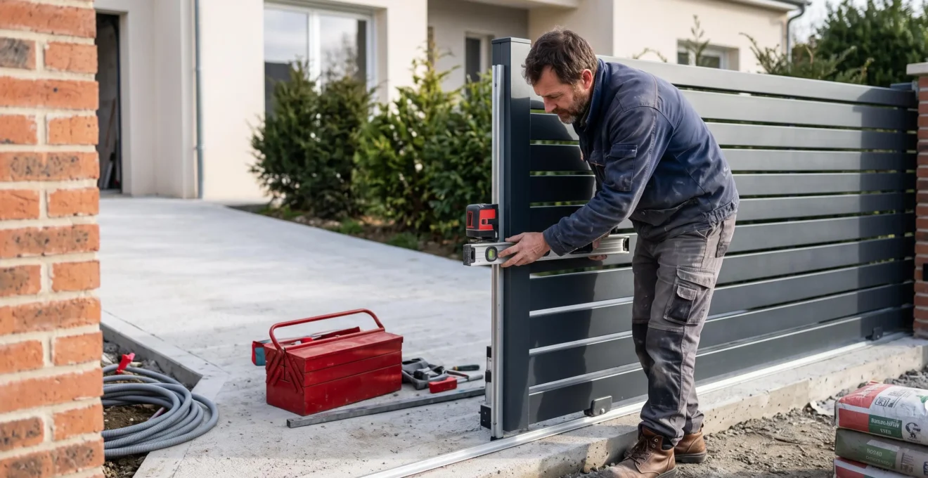 Artisan professionnel installant un portail coulissant en aluminium à l'entrée d'une propriété résidentielle française