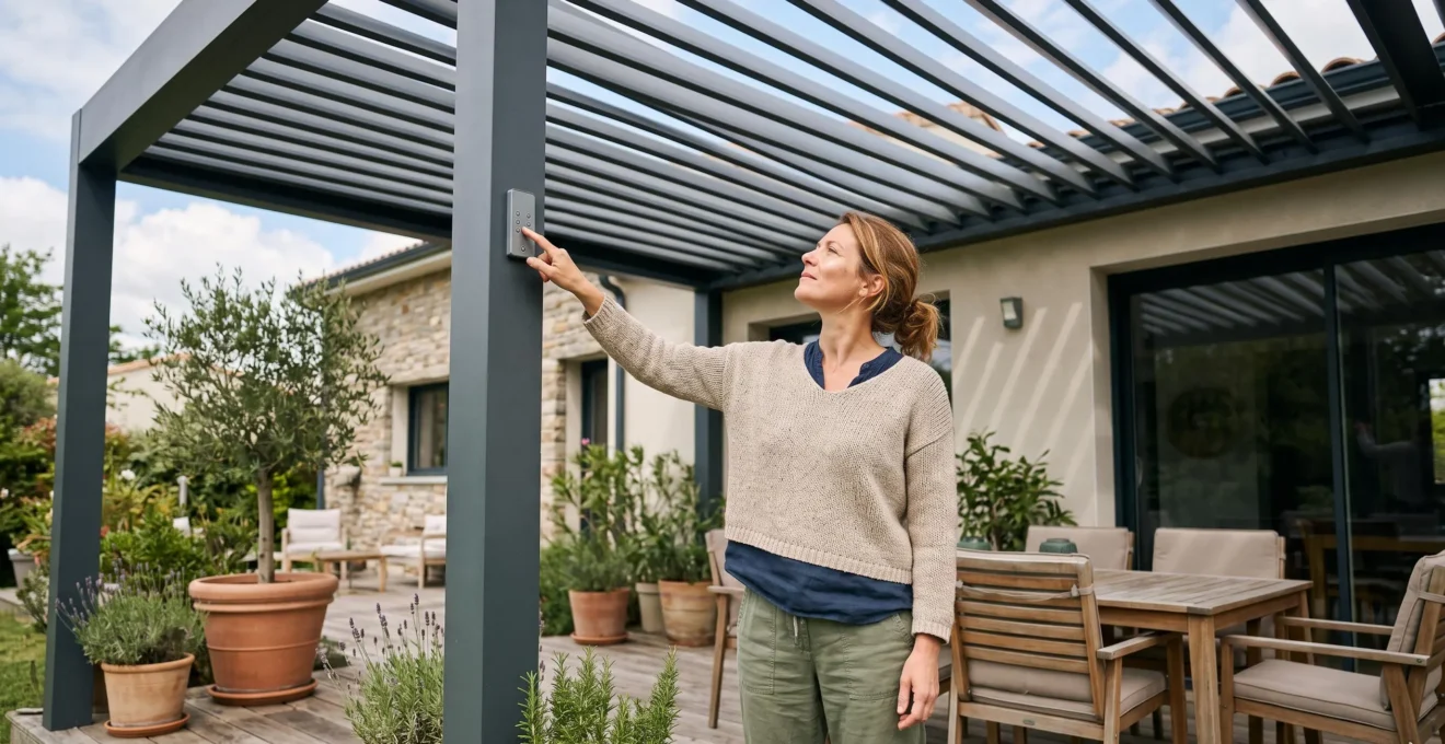 Propriétaire ajustant les lames orientables d'une pergola bioclimatique en aluminium sur sa terrasse résidentielle