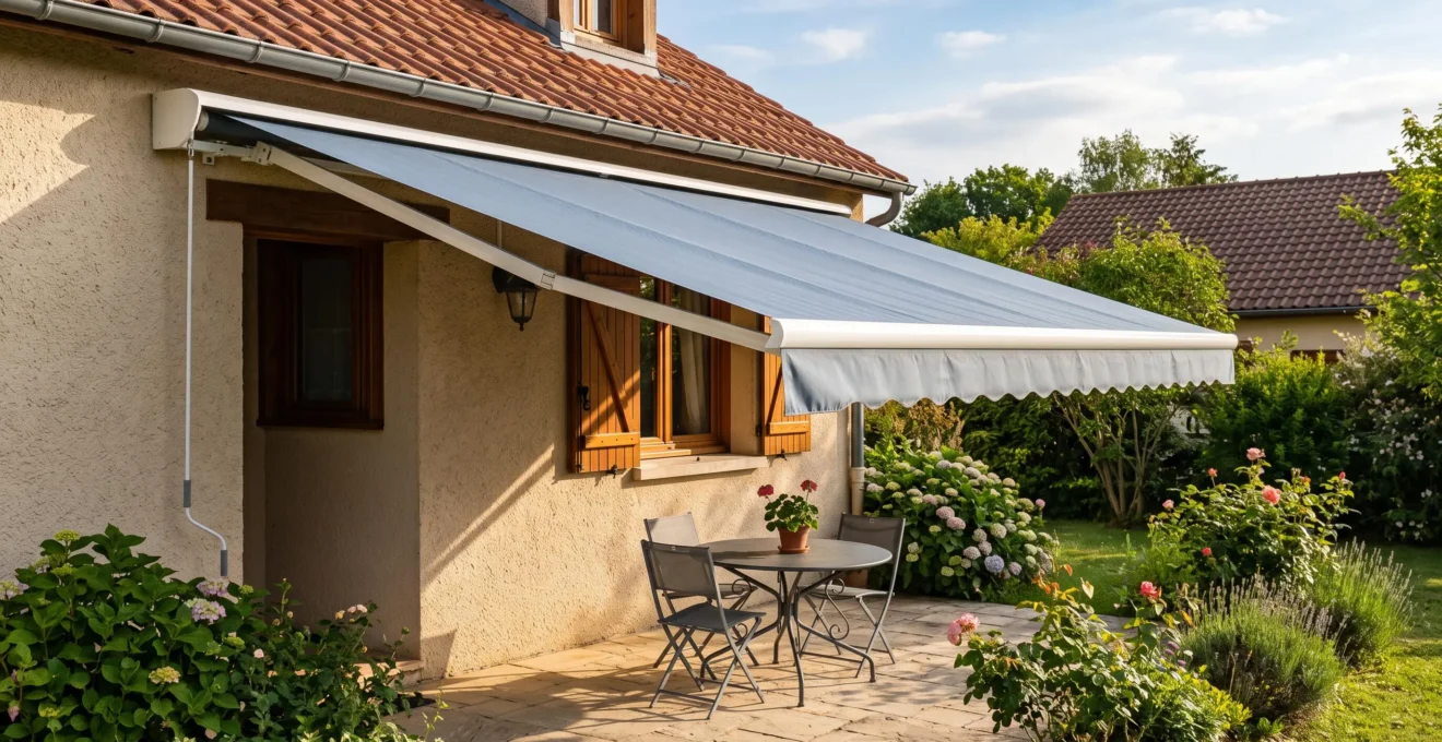 Un store banne déployé protège une terrasse de maison française de la lumière du soleil.